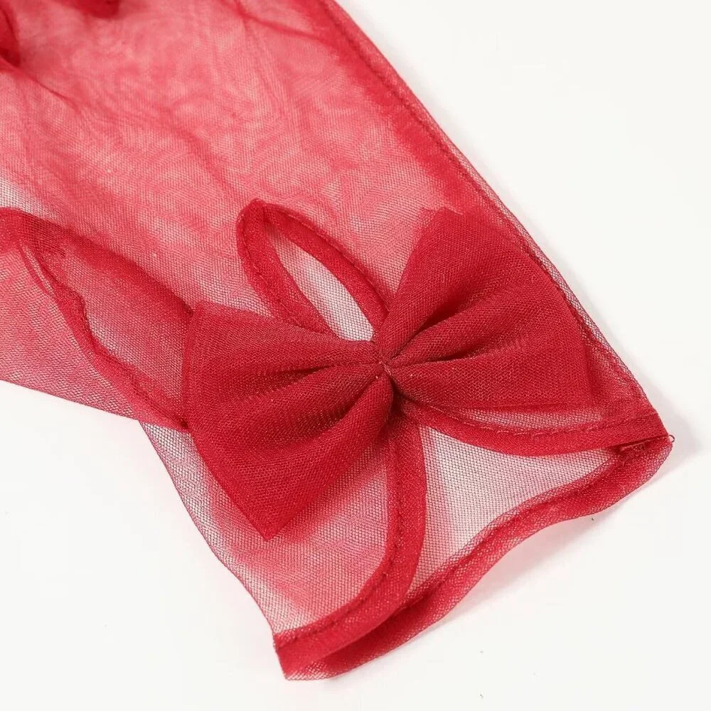 Women's Bow Burgundy Evening Tulle Short Length Gloves Wrist Tea Party Prom